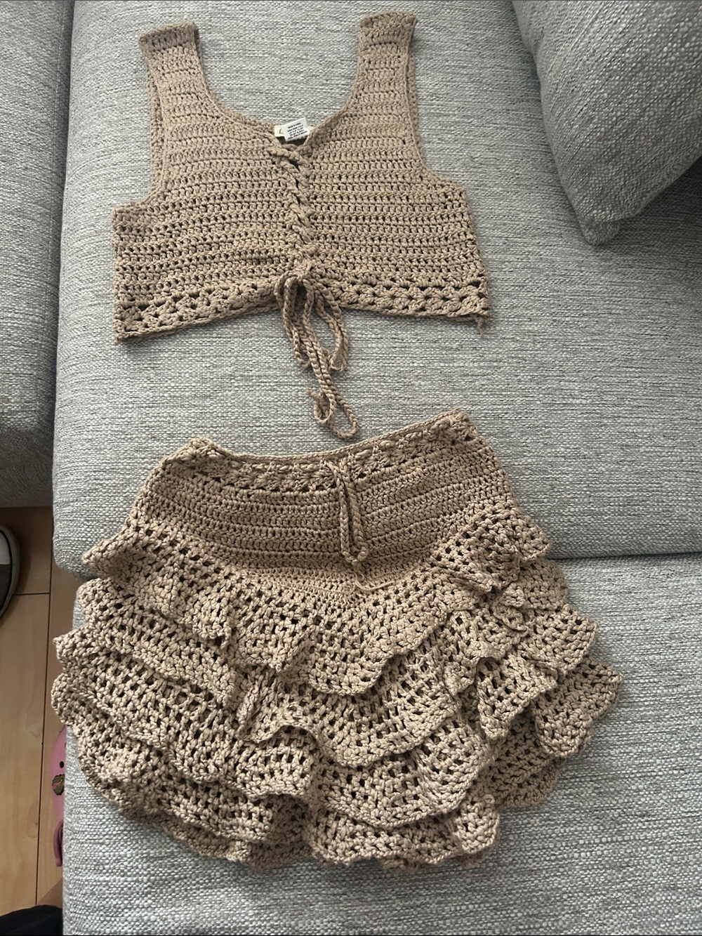Handmade Crochet Ruffle Skort Set - Taupe